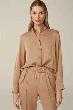 Crepe-Hemdbluse Mit Stehkragen In