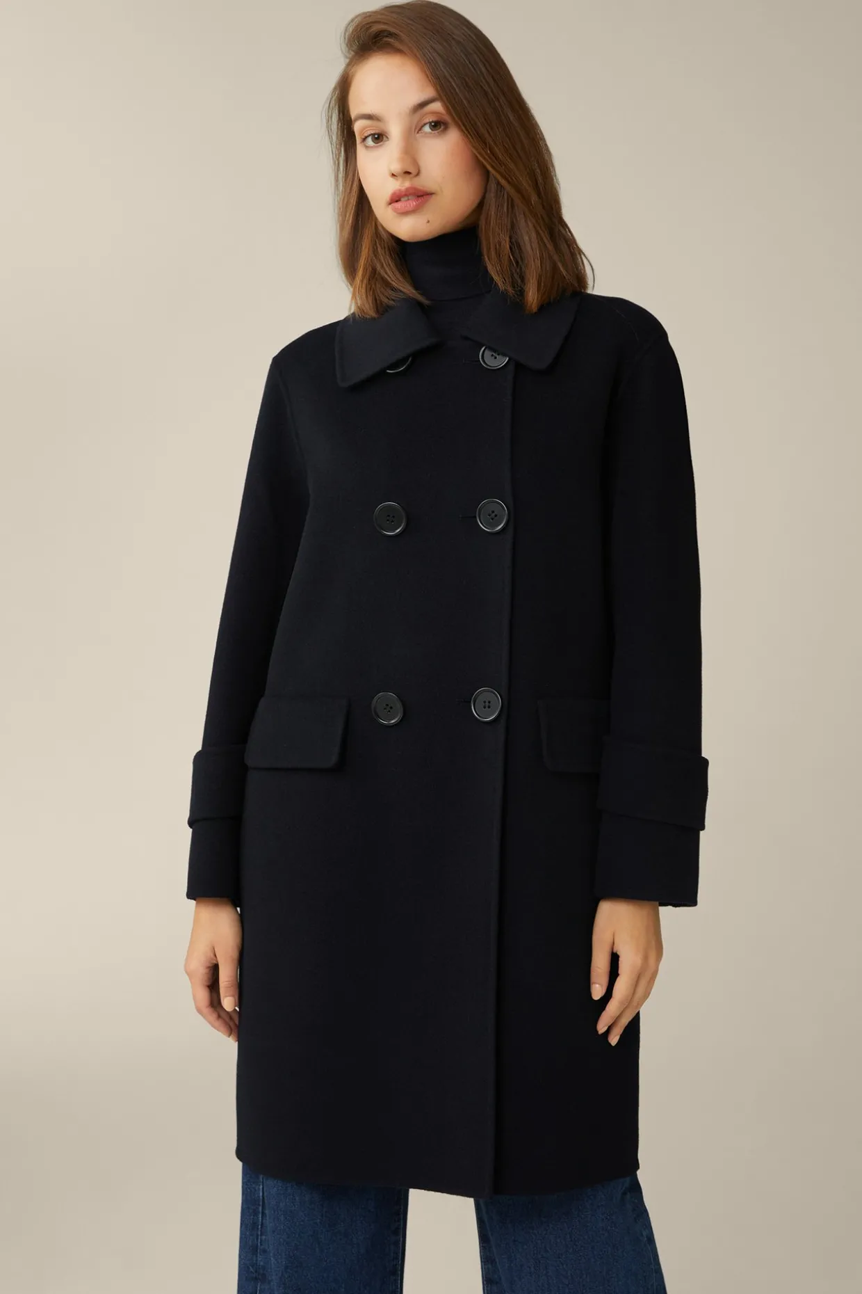 Double-Wollmix-Doppelreiher-Mantel Mit Cashmere In