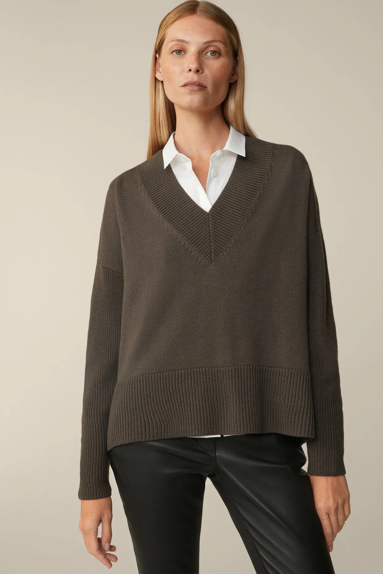 Merino-Strick-Pullover Mit V-Ausschnitt In
