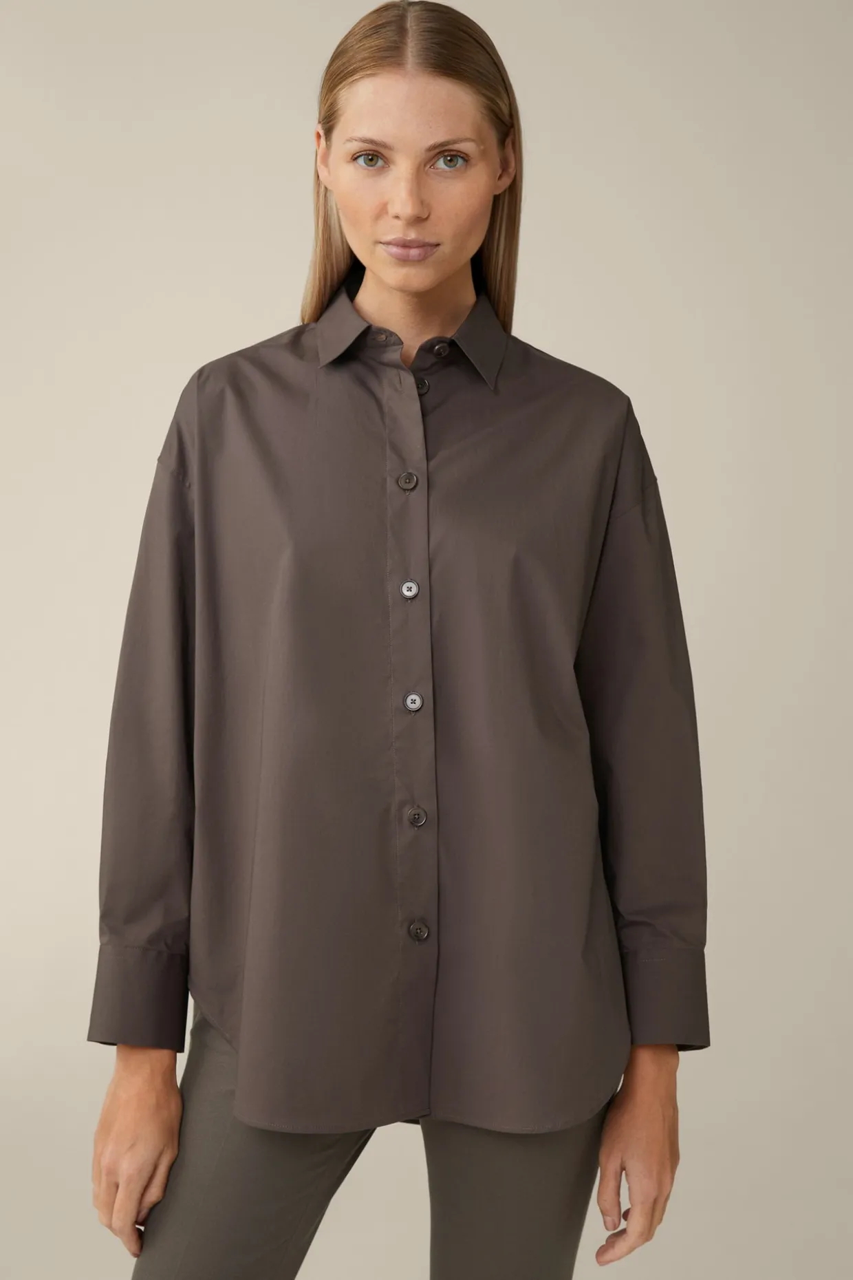 Popeline-Baumwollstretch-Hemdbluse, Oversized, In