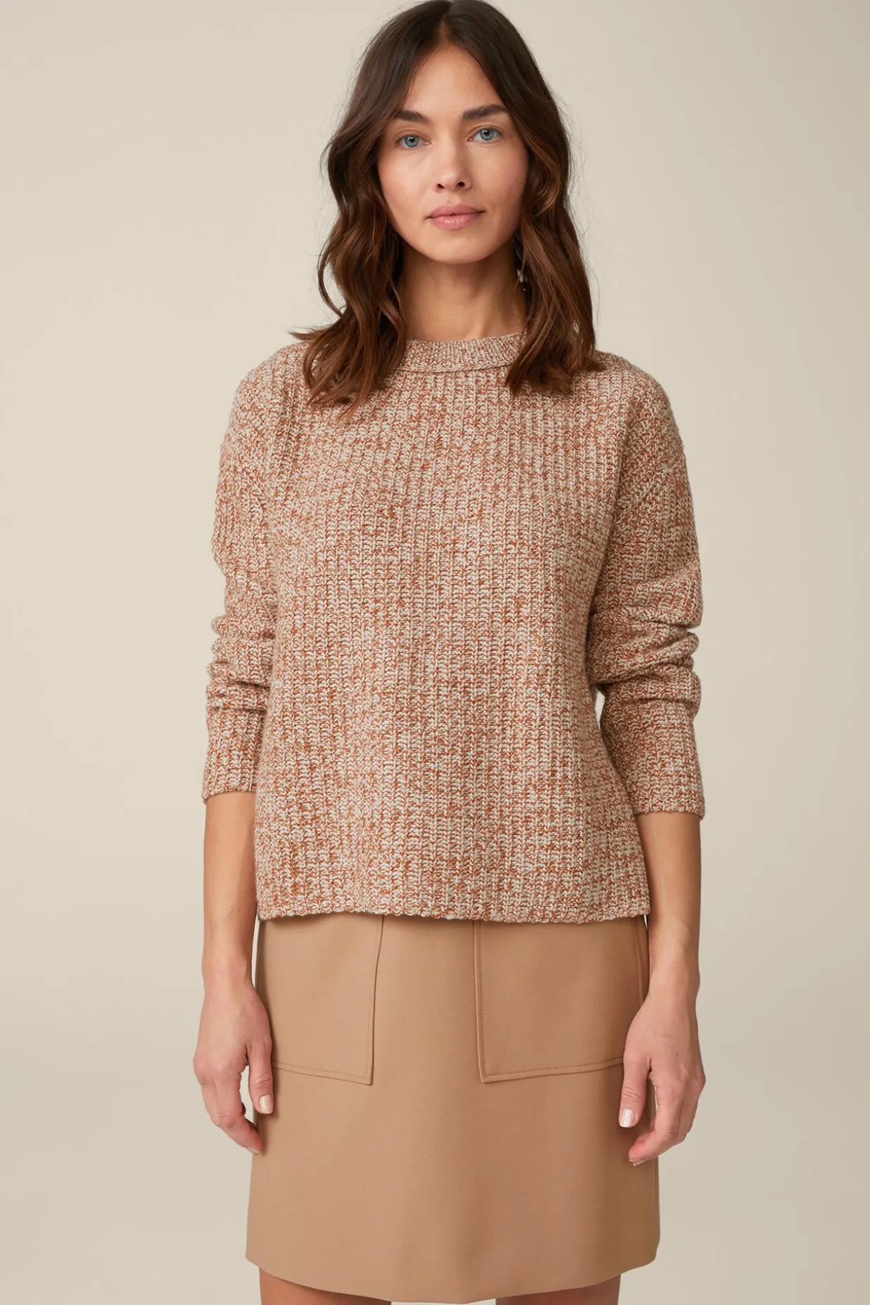 Schurwoll-Pullover Mit Cashmere In Kupfer-Ecru Gemustert