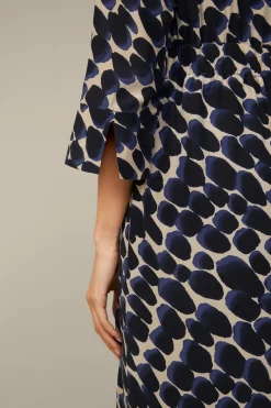 Viskose-Seidenmix-Wickel-Kleid In Navy-Beige Gemustert