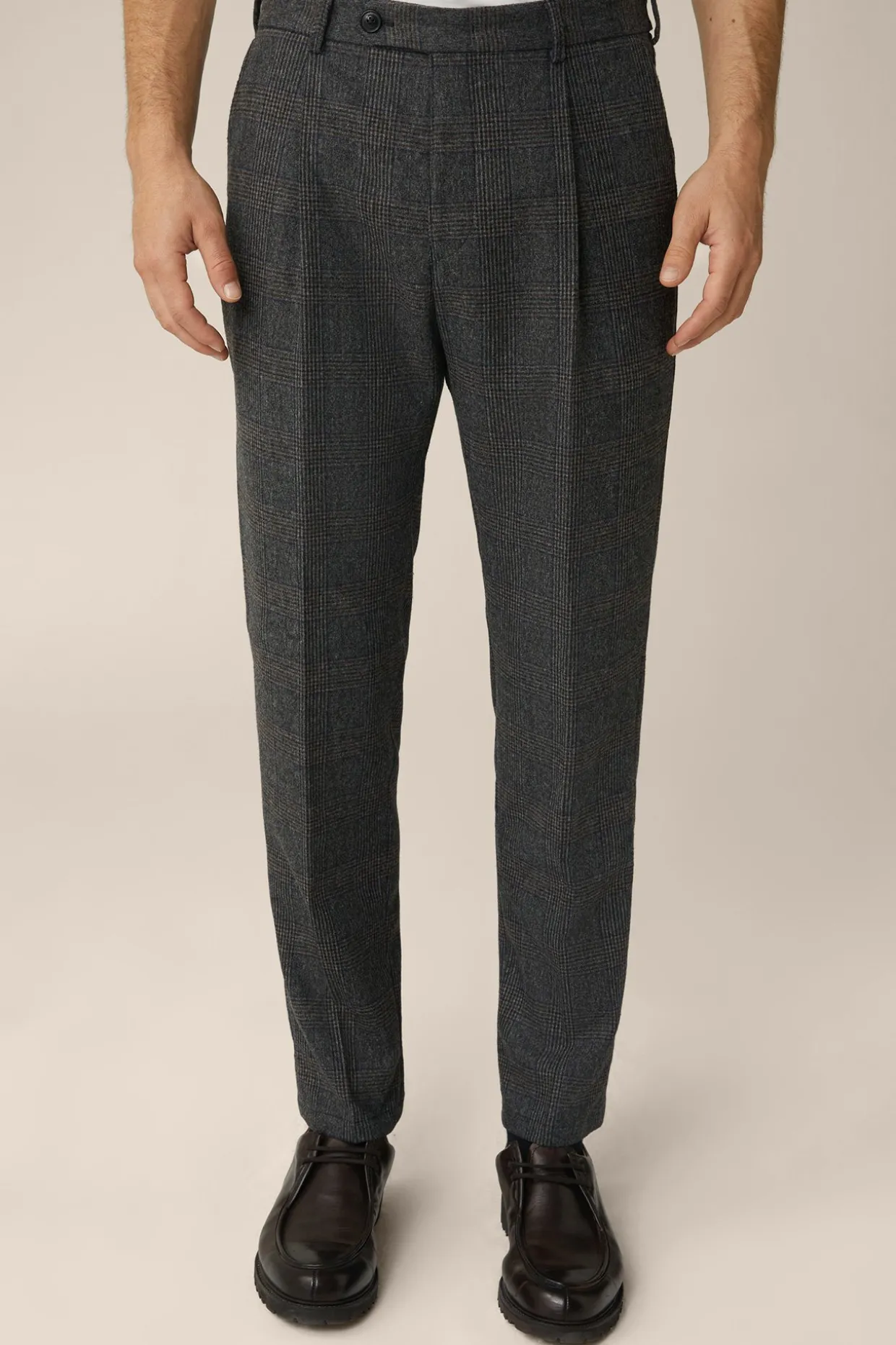 Wollmix-Baukasten-Hose Frero Mit Bundfalte In Anthrazit-Blau Check