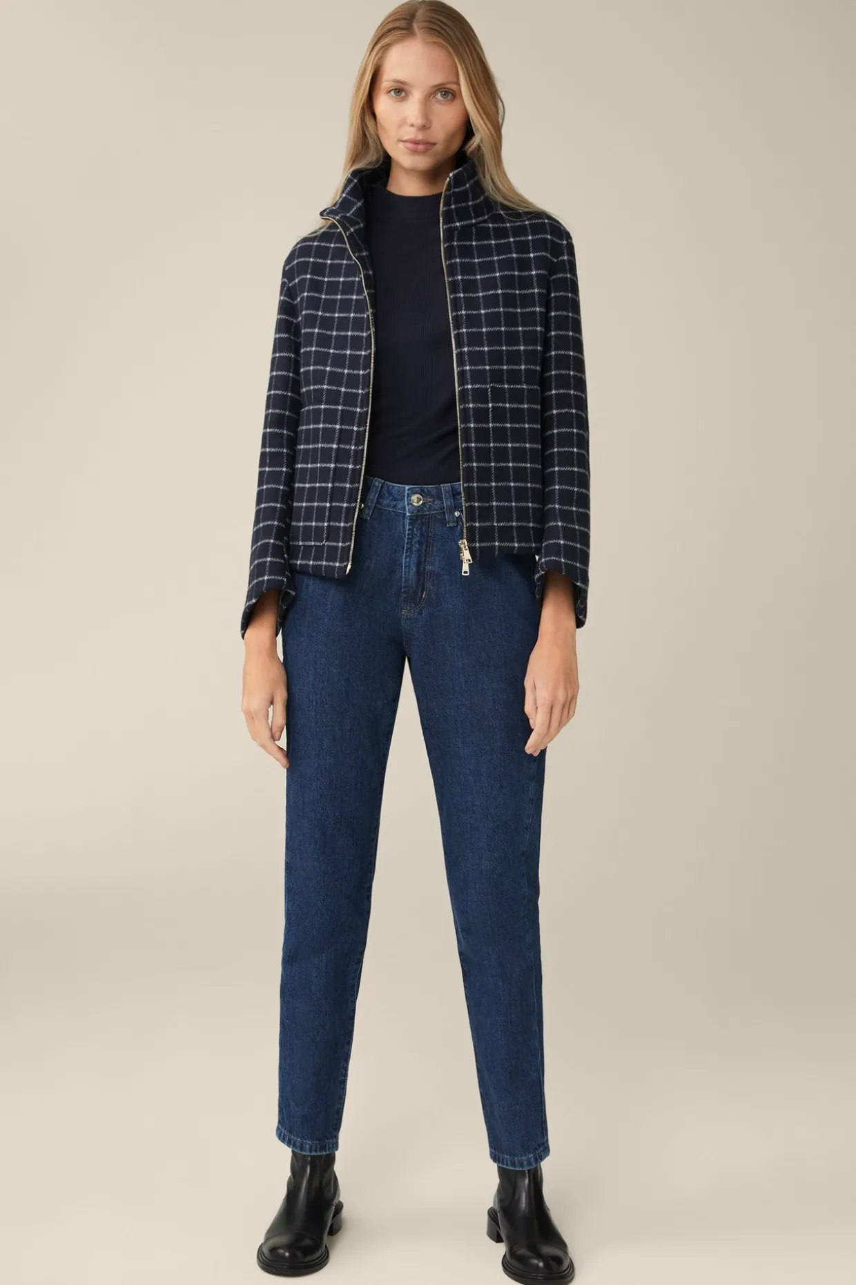 Wollmix-Cape-Jacke In Navy-Weiss Kariert