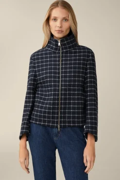 Wollmix-Cape-Jacke In Navy-Weiss Kariert