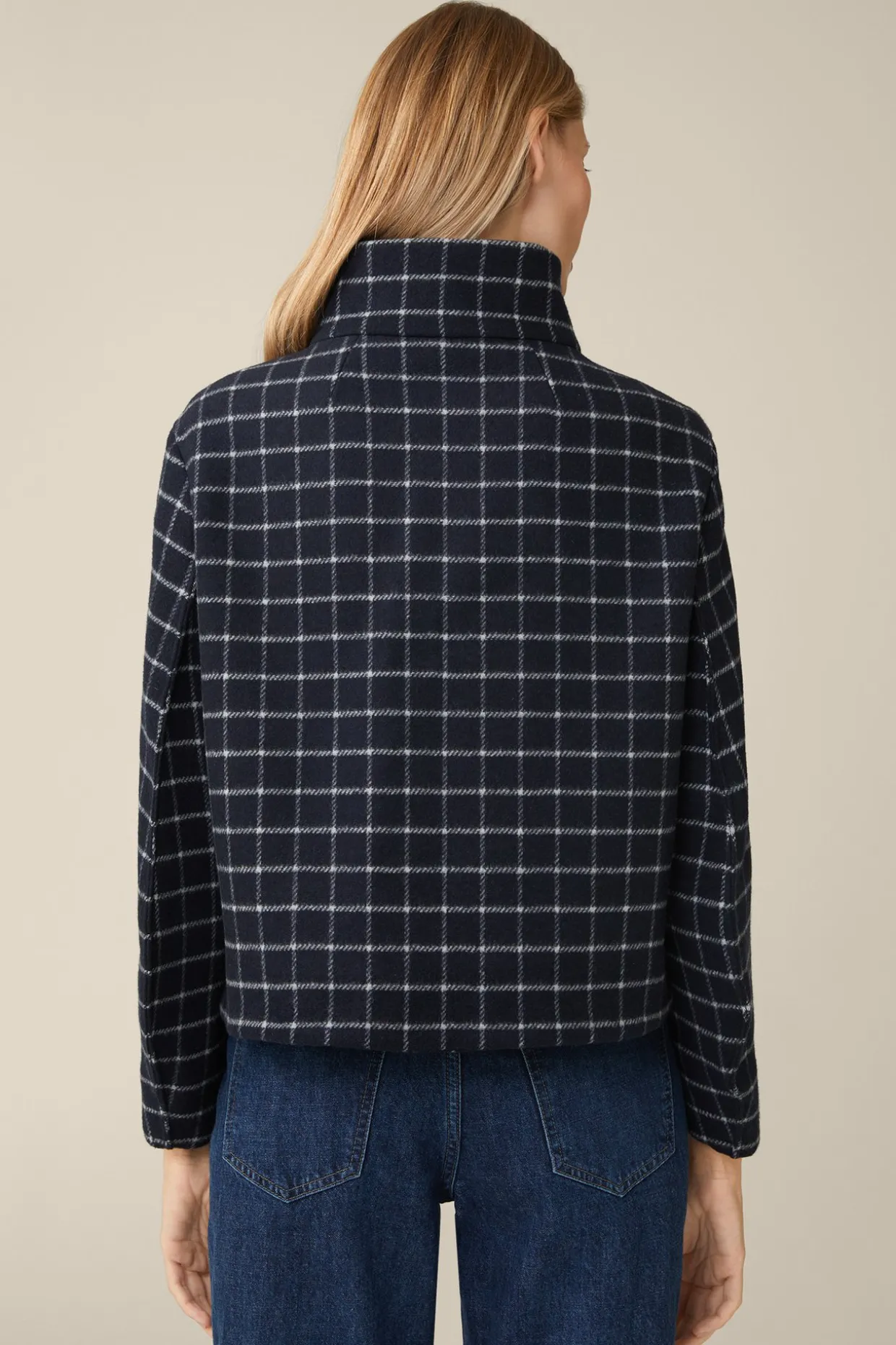 Wollmix-Cape-Jacke In Navy-Weiss Kariert