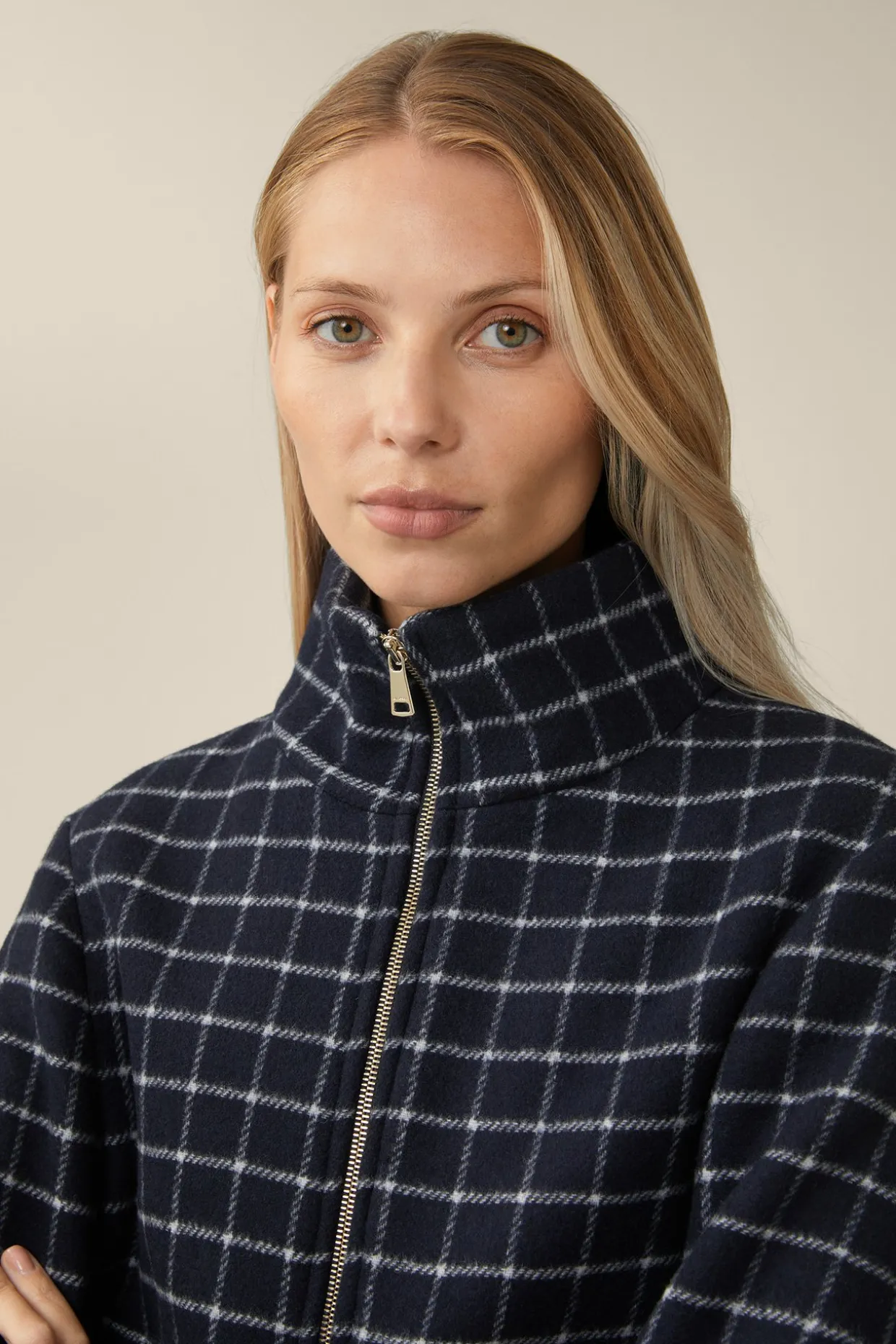 Wollmix-Cape-Jacke In Navy-Weiss Kariert