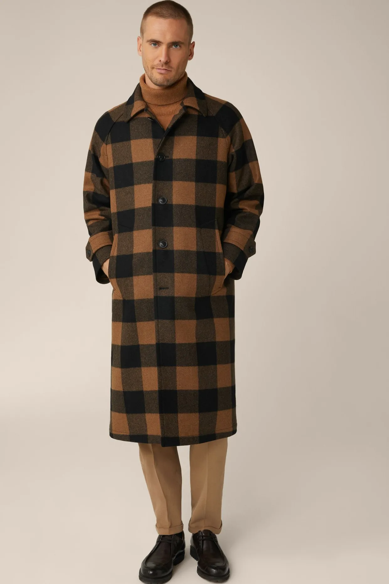 Wollmix-Mantel Rossano Mit Hemdkragen In Schwarz-Braun Check